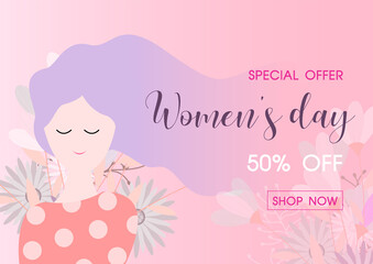 Closeup and crop happy woman in flat style with women's day specials offer sale wording on flowers bouquet and pink background. Poster's banner of Women's day in vector design.