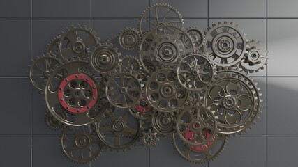 Mechanism black-red gears and cogs at work on spot light background. Industrial machinery. 3D illustration. 3D high quality rendering. 3D CG.