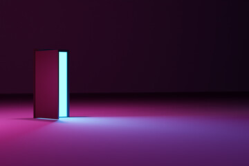 Open door from which white light shines in a dark room with pink light.  Riddle, adventure and mystic concept