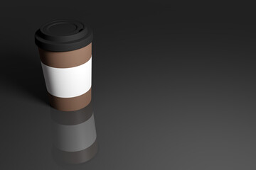 3d illustration of a coffee cup with a plastic lid and holder on an isolated dark background with reflection and shadow. Illustration of Disposable plastic and paper tableware for hot drinks. 