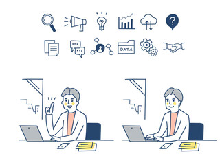 Web iconとパソコン作業をする男性