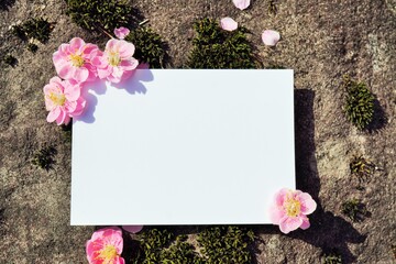 苔むした岩の上の紅梅で角をデコレーションされた白紙の長方形のカードのモックアップ