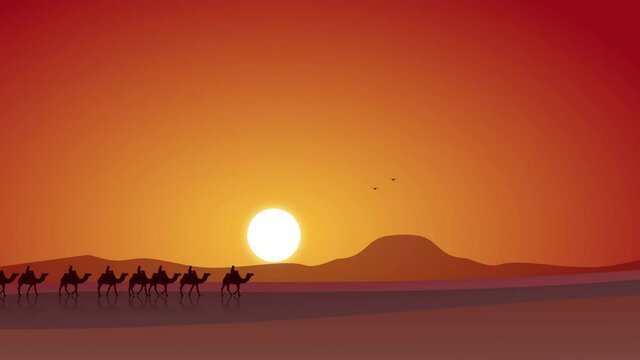 Camel caravan going through the desert sun on background, islamic background, banners, poster, website, social and print media.