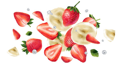 Flying slices of banana and strawberries and water droplets.
