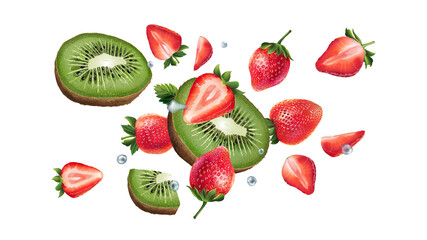Kiwi and strawberries are flying on a white background.