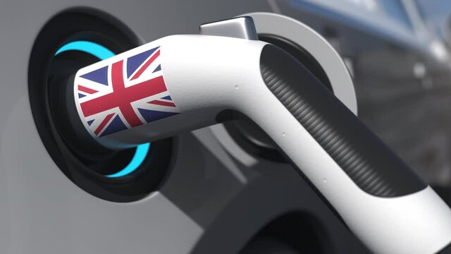 Flag of the United Kingdom on the charging plug in an electric car. Conceptual 3d animation