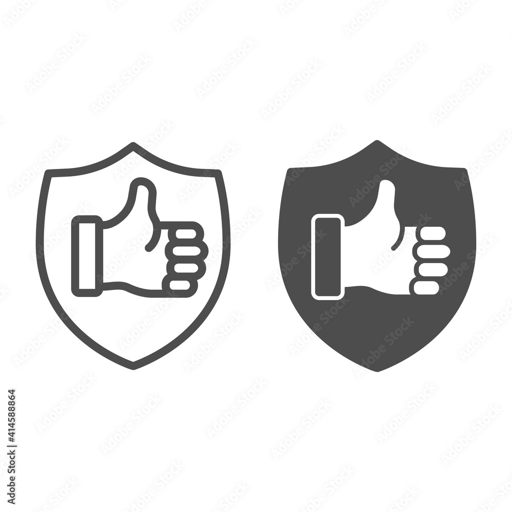 Aufkleber emblem and thumb up line and solid icon, web security concept, approved protection shield sign on wh