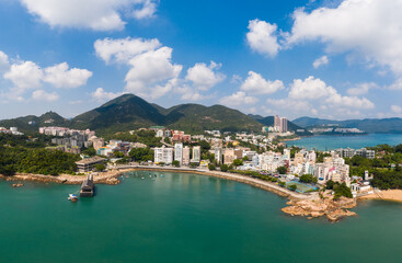 Fototapeta na wymiar Aerial view of the famous Stanley coastal town, a popular tourist destinations in the south of Hong Kong island by the south China Sea in Hong Kong SAR