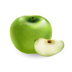Whole green apple with a slice on white background.