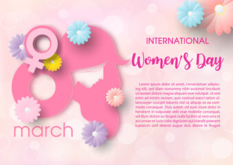 Colorful flowers on pink giant number 8 with women shape and wording of Women's day event, example texts and on pink bokeh background. Card and poster of International Women's Day in vector design.