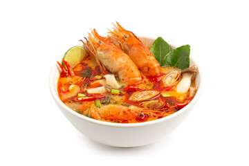 Tom Yam Kung ,Prawn and lemon soup with mushrooms, thai food In a white bowl isolated on white background with clipping path