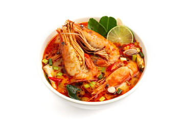 Tom Yam Kung ,Prawn and lemon soup with mushrooms, thai food In a white bowl isolated on white background with clipping path