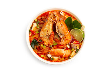 Tom Yam Kung ,Prawn and lemon soup with mushrooms, thai food In a white bowl isolated on white background with clipping path