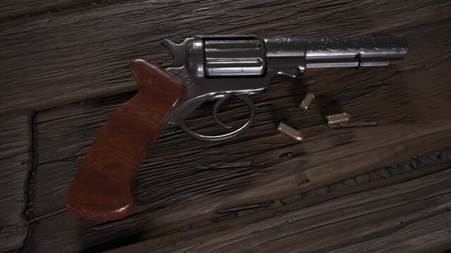 pistol and bullets on old planks ground 3D rendered image
