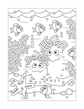 Anemones connect the dots full page picture puzzle and coloring page, underwater life themed, with fish, starfish, seabed, algae
