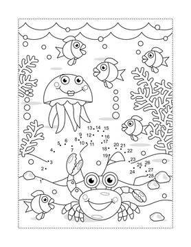 Amphorae connect the dots full page picture puzzle and coloring page, underwater life themed, with carb, fish, jellyfish, seabed, algae
