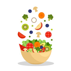 Vegetables and fruits in bowl in flat design. Salad bar for healthy meal. Vegetarian dish. Healthy food on white background.