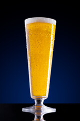 Tall glass of beer on a blue background