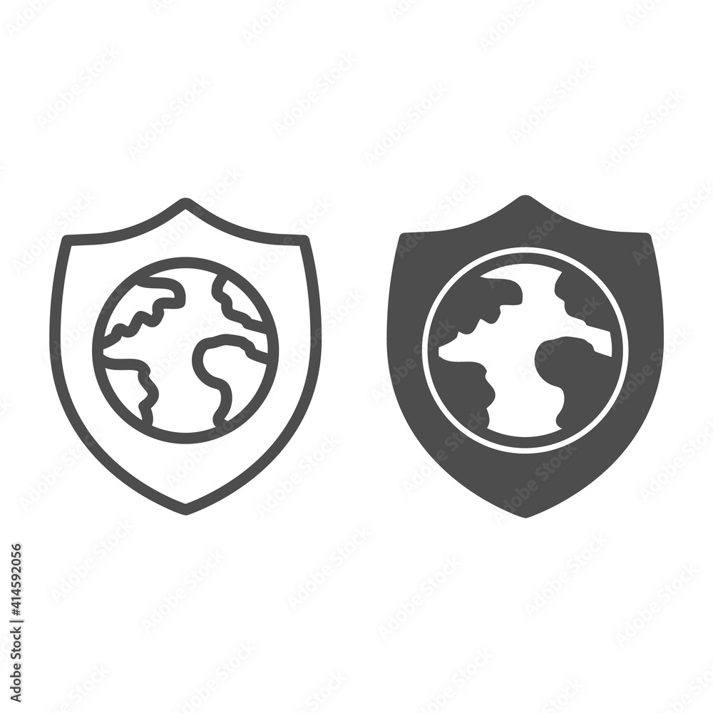 Poster emblem with planet earth line and solid icon, web security concept, global shield sign on white back