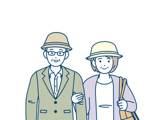 老夫婦　年配のカップル　仲良し　腕を組む　外出　お出かけ　上半身　イラスト素材