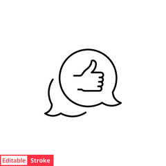 Bubble speech talk with thumb up line icon. Testimonials and customer relationship management concept. Simple outline style. Vector illustration isolated on white background. Editable stroke EPS 10. 