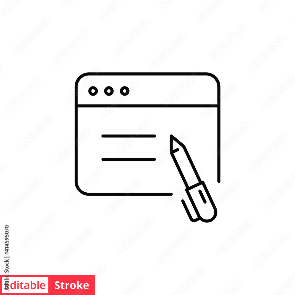 Poster write blog line icon. web page with pen, simple outline style. testimonials and customer relationshi