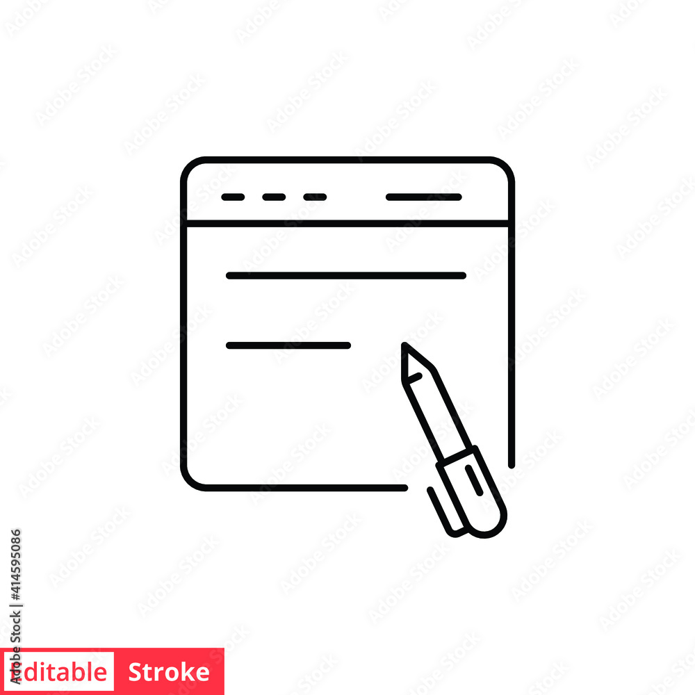 Poster write blog line icon. web page with pen, simple outline style. testimonials and customer relationshi