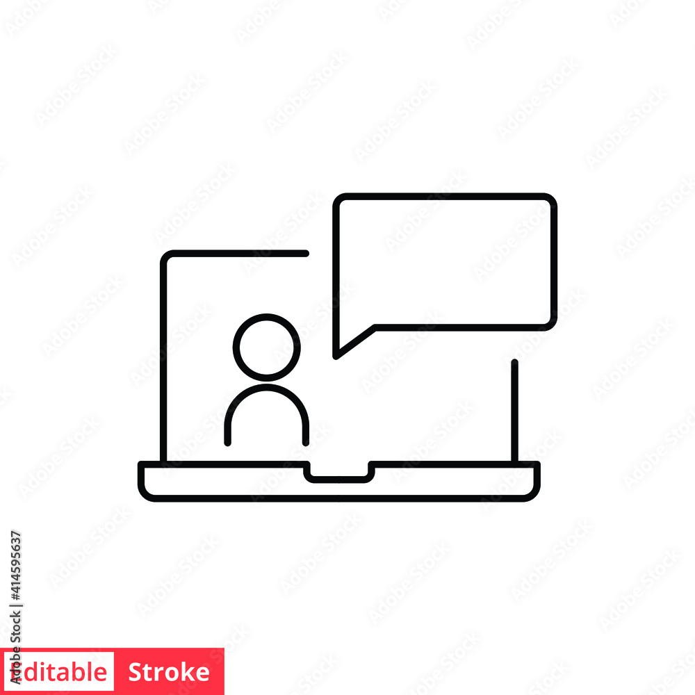 Poster webinar online class line icon. monitor screen, user chat discussion for consulting virtual classroo