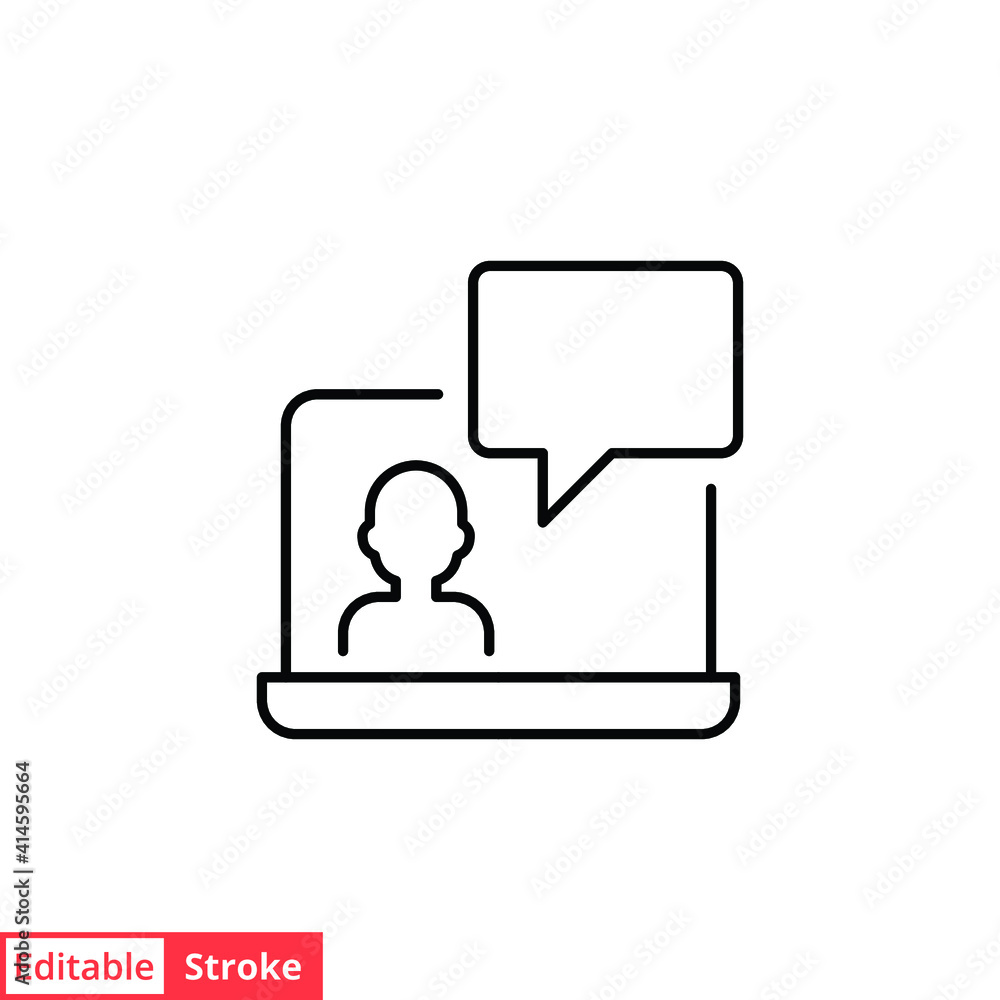 Poster webinar online class line icon. monitor screen, user chat discussion for consulting virtual classroo