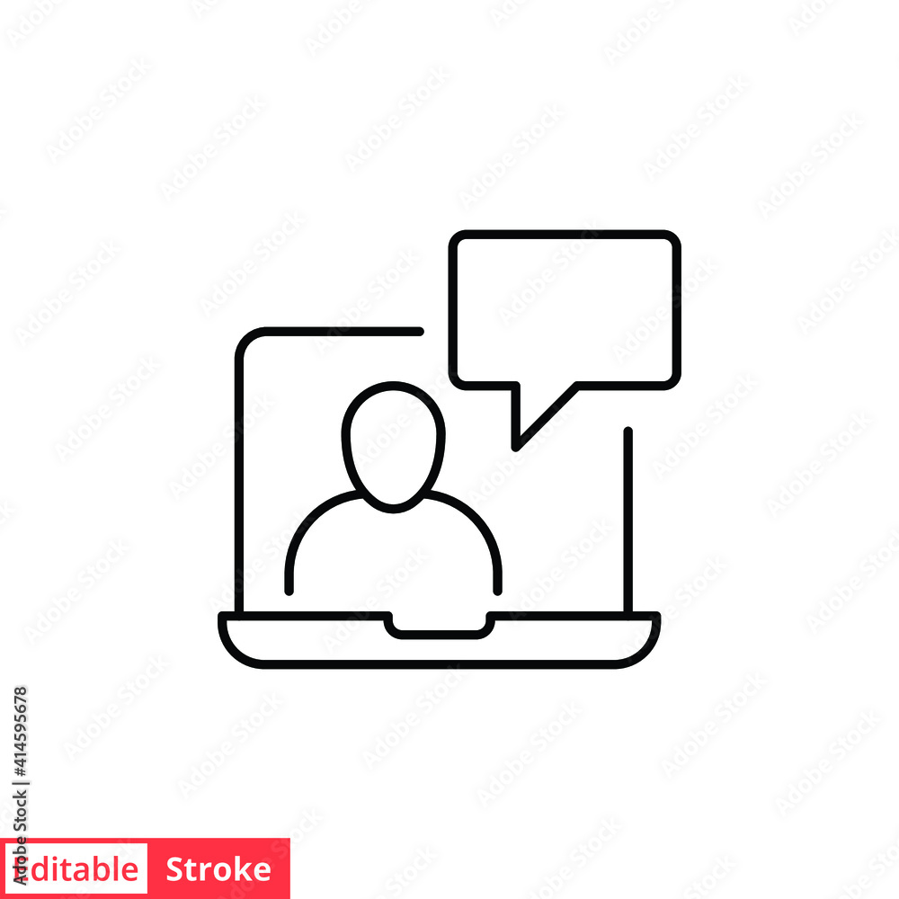Poster webinar online class line icon. monitor screen, user chat discussion for consulting virtual classroo