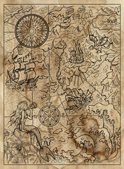 Textured marine illustration of map with mermaid, islans, continent, ship, compass and sea monsters.