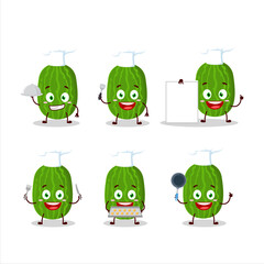 Cartoon character of cucamelon with various chef emoticons