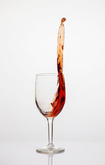 Splash of red wine in glass on white background.
