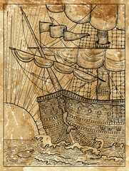 Textured marine illustration with old sailing ship or sailboat and rising sun.