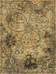 Textured marine illustration of old map of the world with wind rose and sailboat or ship.