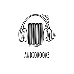 Listen to audiobooks on your phone, headphone, wireless headphone. Read books. Vector illustration in doodle style, cartoon picture, sketch.