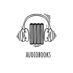 Listen to audiobooks on your phone, headphone, wireless headphone. Read books. Vector illustration in doodle style, cartoon picture, sketch.