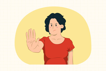 Displeased young woman showing stop gesture with palm concept