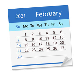 Calendar sheet on month of February 2021. Vector Illustration. The week starts on Sunday. in English language.