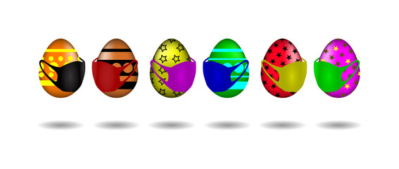 Happy easter. Colored Easter egg in a medical mask on a white background. Masked eggs from viruses with shadow. Vector illustration