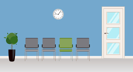 Clinic reception area with gray chairs in front of the door. Blue Doctor office. Contemporary waiting room with plant and clock on wall. Vector illustration in flat style.