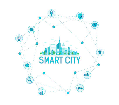 Smart city infographics. Modern city in circle icons. Vector filled lines style. Online pharmacy, education and food. Smart health and transportation. Save water, waste management.
