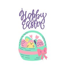 Happy Easter Greeting Card-poster with a basket of Easter eggs and a chicken. Vector hand illustration.