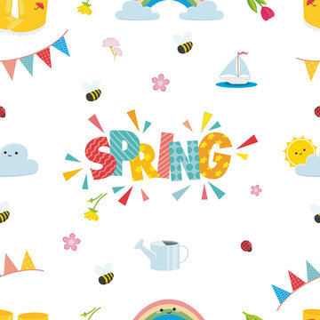 Cute pattern with smiling suns, clouds, rainbow, boots, bees and ships vector drawing. Spring background. A fun design for kids and baby clothes. Children's pattern. Vector graphics. Wrapping