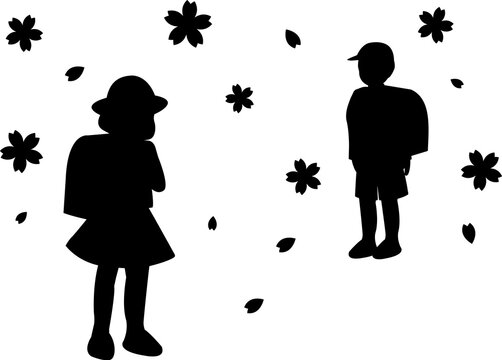 小学生のシルエット イラスト 男の子 女の子 入学式 桜 新入生 始業式 春 4月 男女 帽子 シンプル - Powered by Adobe