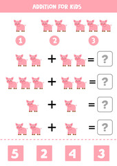 Addition worksheet with cute farm pig. Math game.