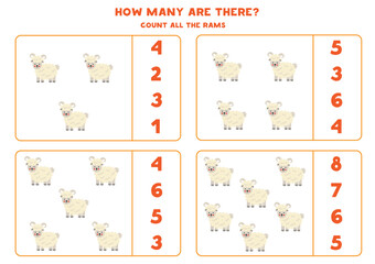 Counting game with cartoon ram. Math worksheet.