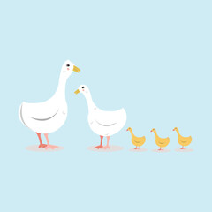white geese, yellow goslings on a blue background. Goose flock. Leader, mother and children. Design of children's books, t-shirts, toys. Stylized vector illustration.