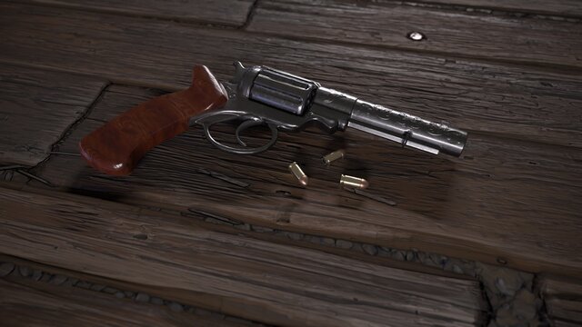 pistol and bullets on old planks ground 3D rendered image