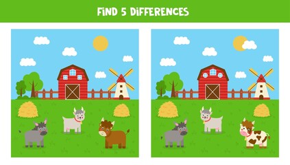 Find 5 differences between farm pictures. Game for kids.